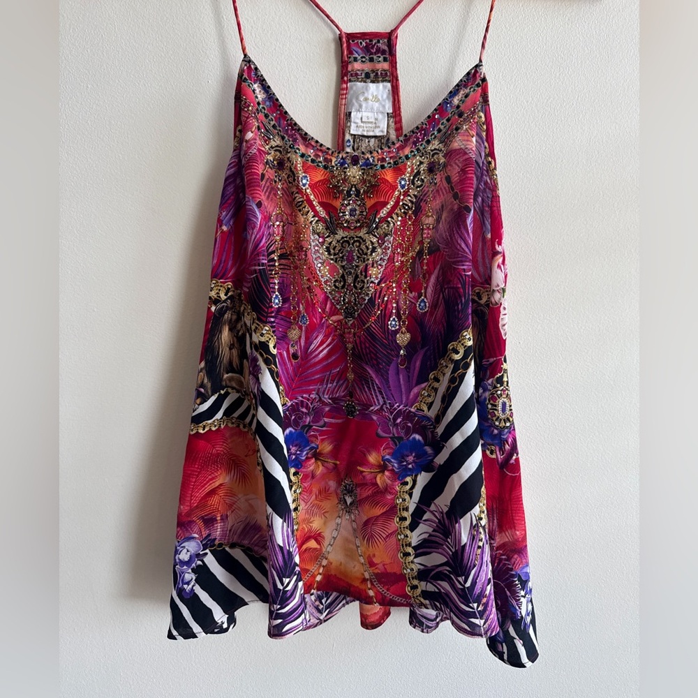 Pink and purple Camilla 100% silk cami top with spaghetti straps
